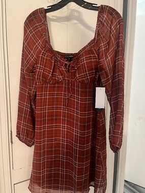 AS U Wish Plaid Babydoll Dress Size M NWT Rust Orange Long Sleeve Fall Dress